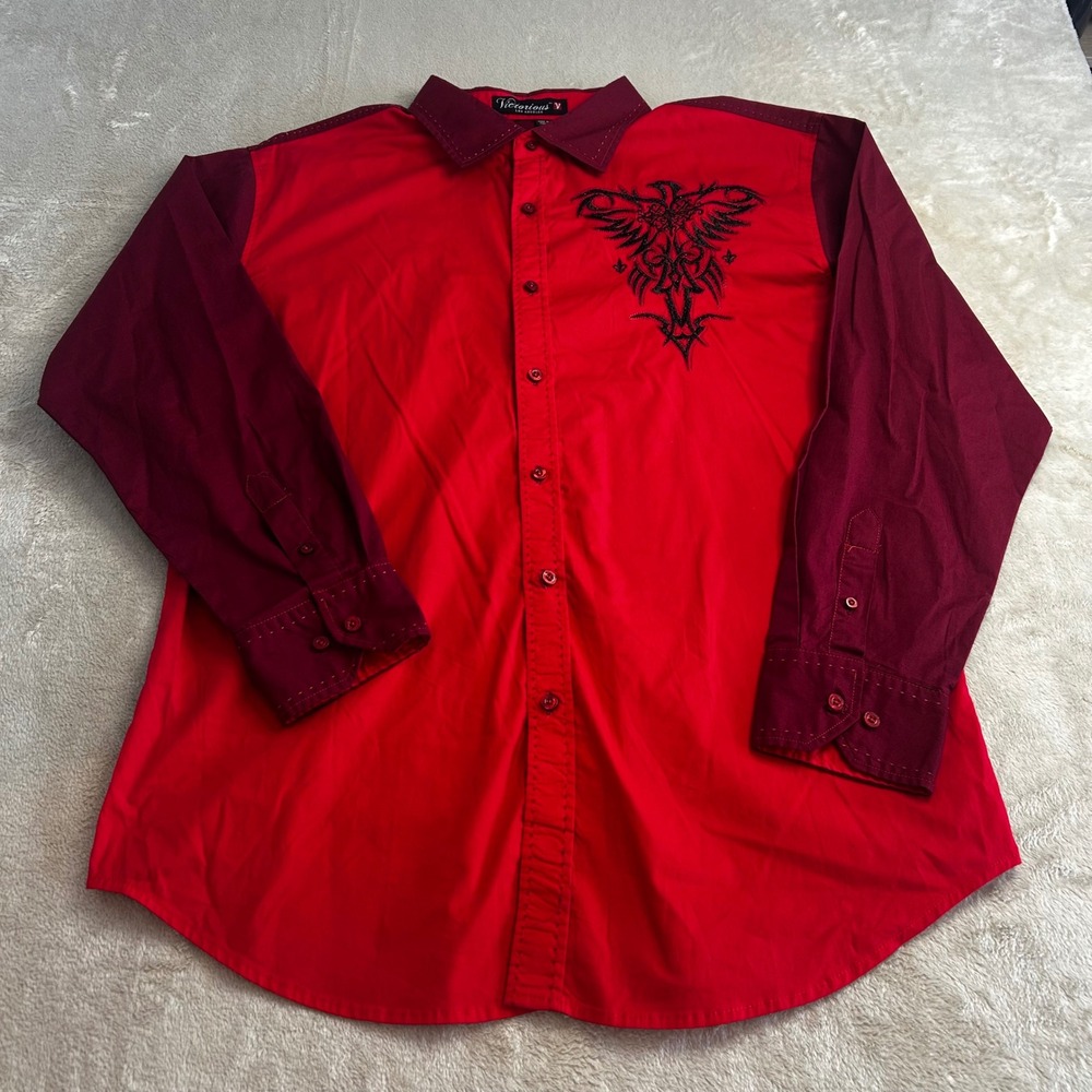 Victorious‎ Men XL Red Burgundy Cyber Y2K Graphic Embroidered Button Up Shirt - Picture 2 of 6